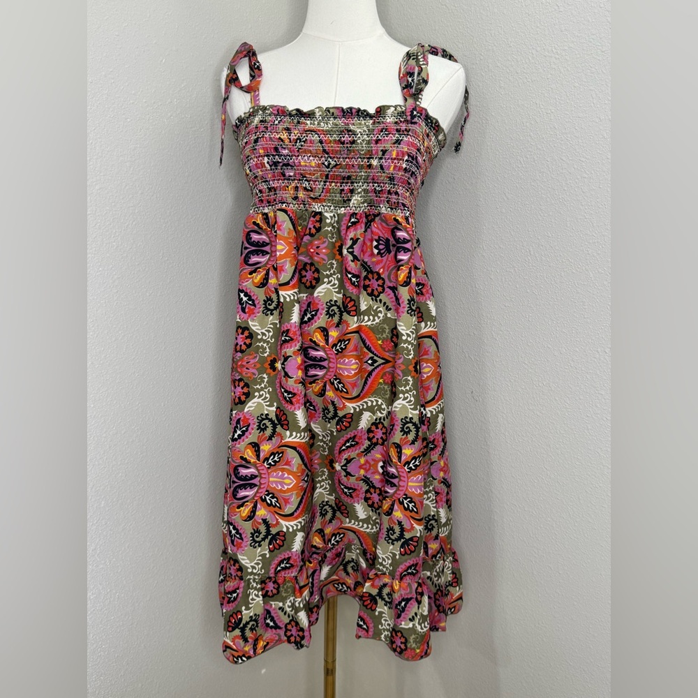 Johnny Was Silk Dress Medium NWT Smocked Boho Floral Tie Strap
